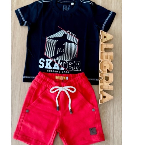 Conjunto camisa preta + bermuda vermelha 