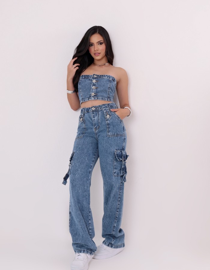 CONJUNTO JEANS (CROPPED BOTÕES)