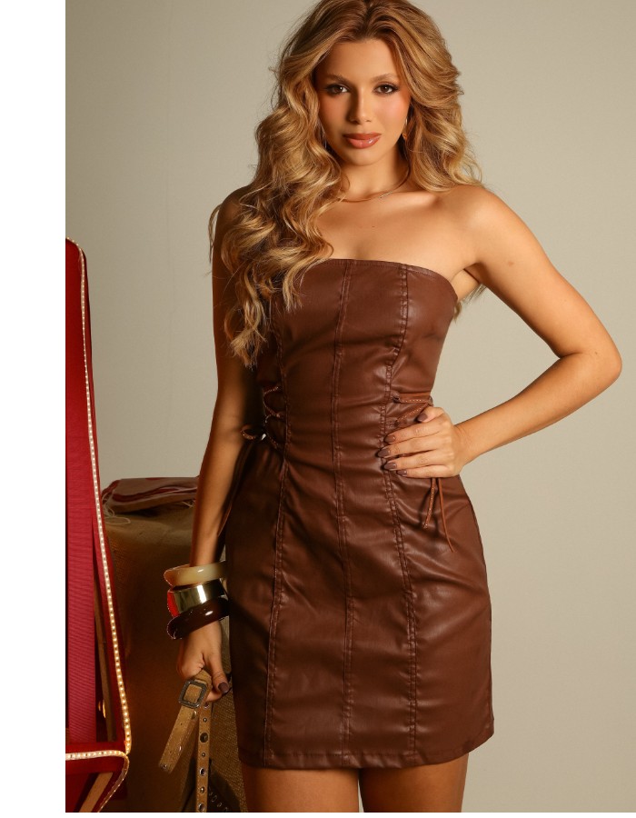 vestido lace up marrrom