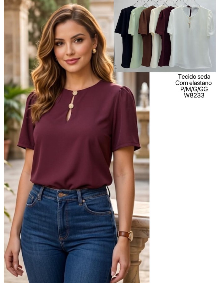 BLUSA CREPE SEDA C/ DETALHE DE BOTÃO NO PESCOÇO