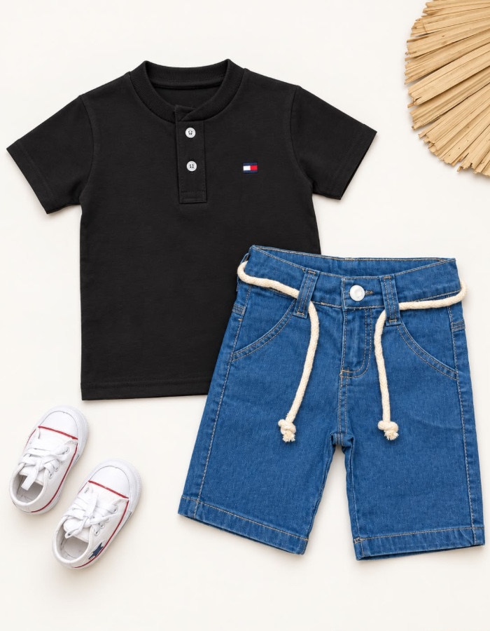 Conjunto Gola padre e bermuda jeans 
