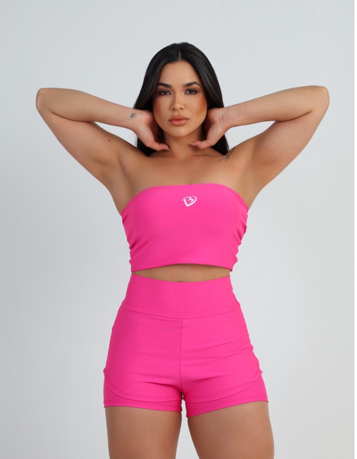 Conjunto blusa tomara que caia e short duplo 