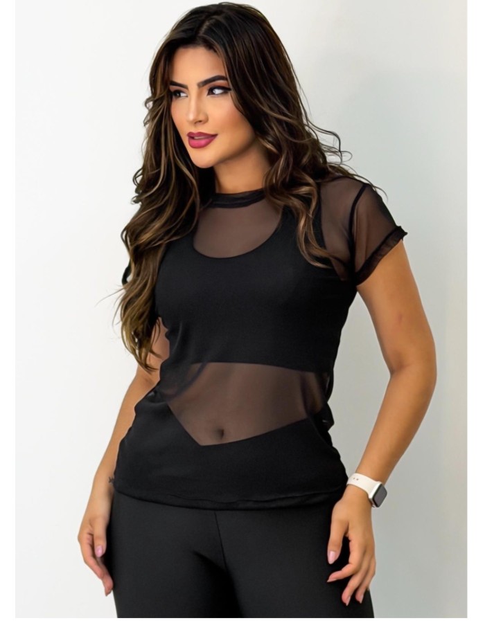 Camisa Manga Curta em Tule