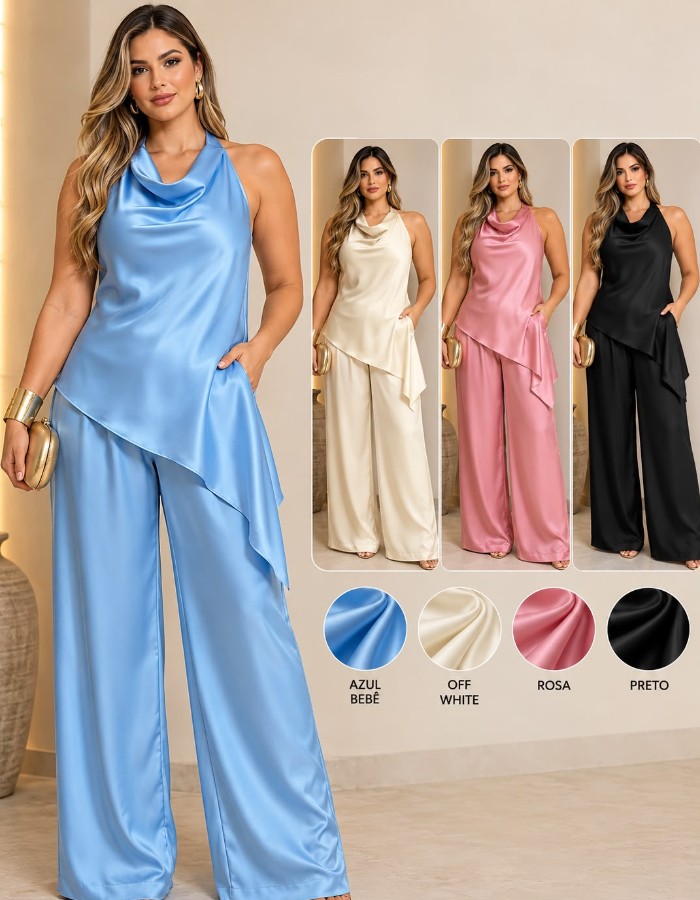 CONJUNTO CETIM CALÇA E BLUSA