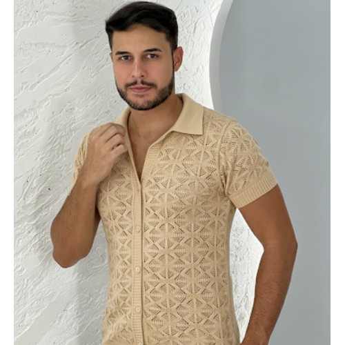 CAMISA DE BOTÃO PUNHO  GOLA TRICÔ GEOMÉTRICA