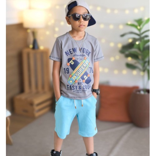 Conjunto: estampada +bermuda azul piscina 