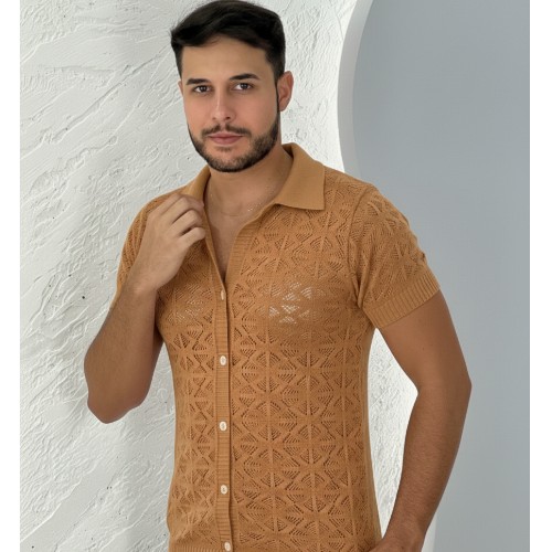 CAMISA DE BOTÃO PUNHO GOLA TRICÔ GEOMÉTRICA 