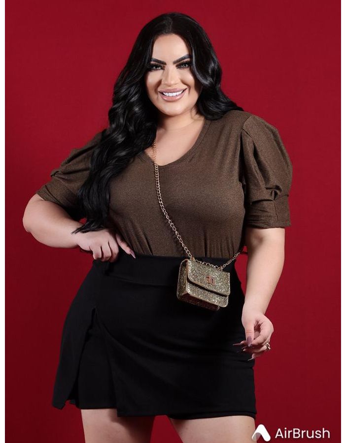Blusa gola V manga c/ preguinhas 