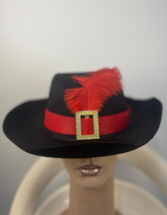 Chapéu Preto com Pena Vermelha