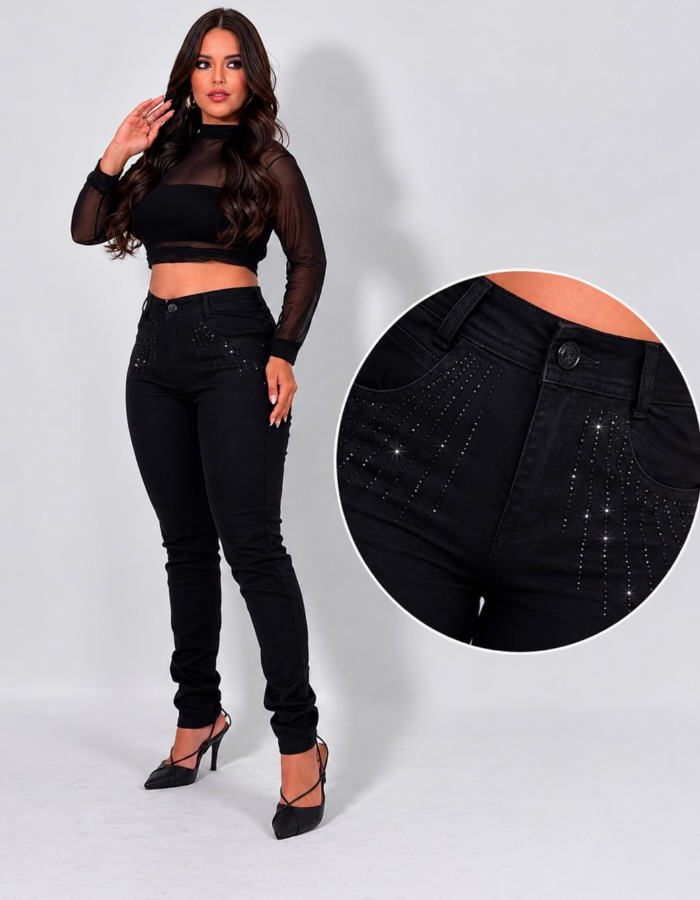 CALÇA SKINNY FEMININA PRETA C/ BRILHO