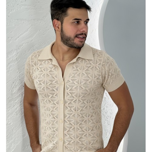 CAMISA DE BOTÃO PUNHO GOLA TRICÔ GEOMÉTRICA
