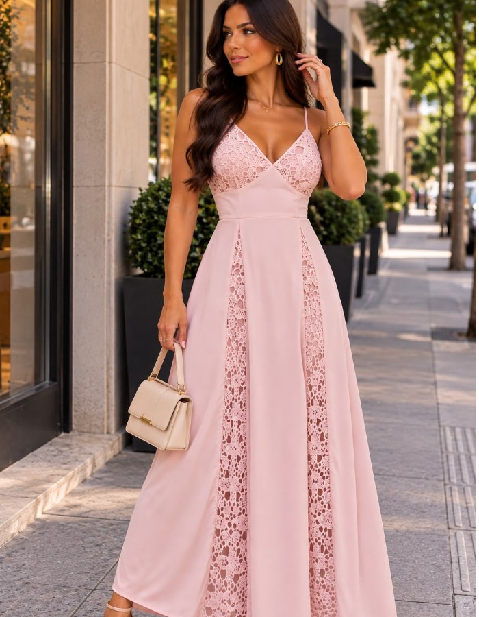 VESTIDO LONGO COM DETALHE EM RENDA