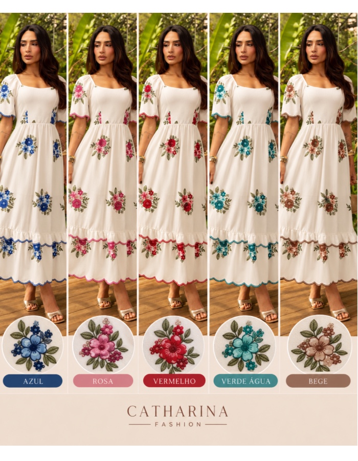 Vestido longo bordado Moana