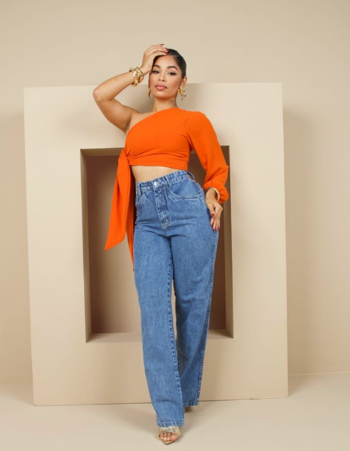 CALÇA WIDE LEG MARMORIZADA AZUL
