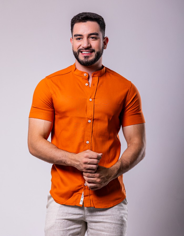 Camisa Linho Premium Manga Curta Laranja  