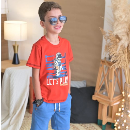 conjunto: estampada laranja+bermuda royal 