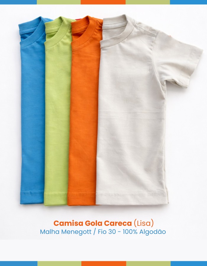  Camisa Gola Careca Malha Menegotti Fio 30 100% Algodão Infantil e juvenil Lisa