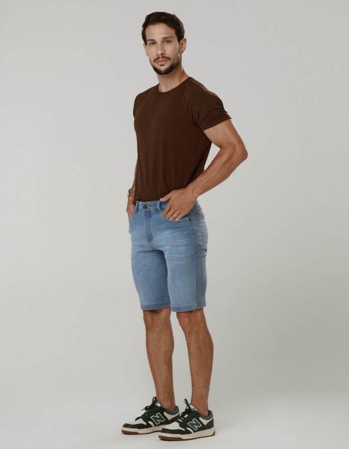 BERMUDA CLÁSSICA JEANS DELAVE PIST. L. MEL CLARO C/PUIDOS E BIG.