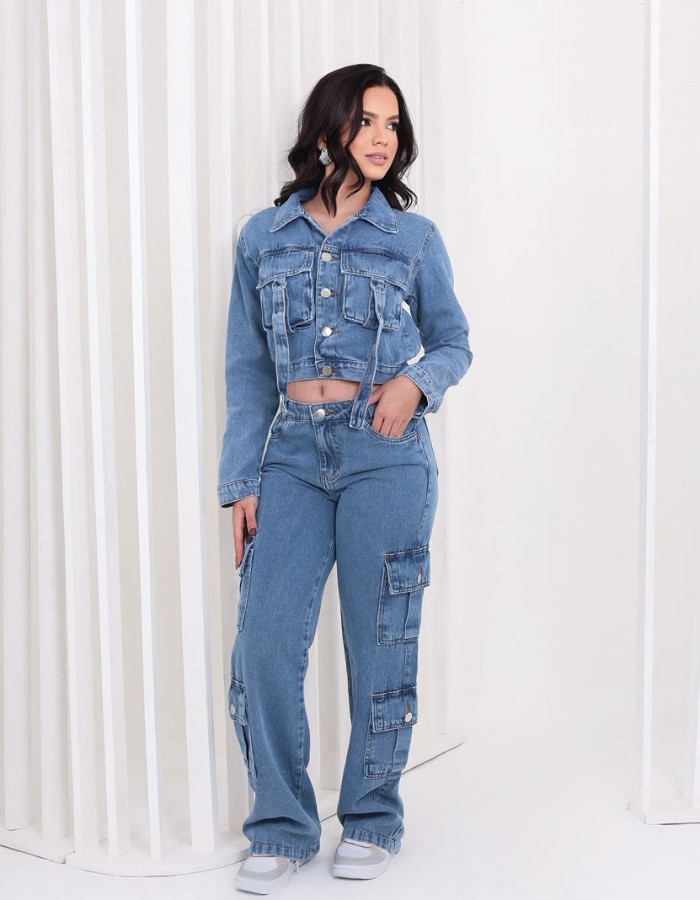 CALÇA WIDE LEG 4 BOLSOS CARGOS  COM BOTÃO