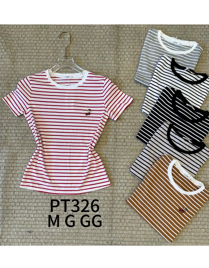 T-SHIRT C/ BORDADO DE CEREJA LISTRA FINA