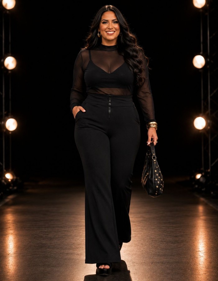 calça flare com ziper e bosos funcionais