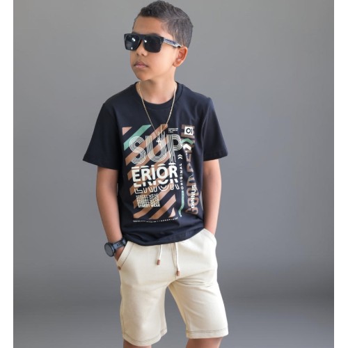 Conjunto camisa preta superior+ bermuda bege