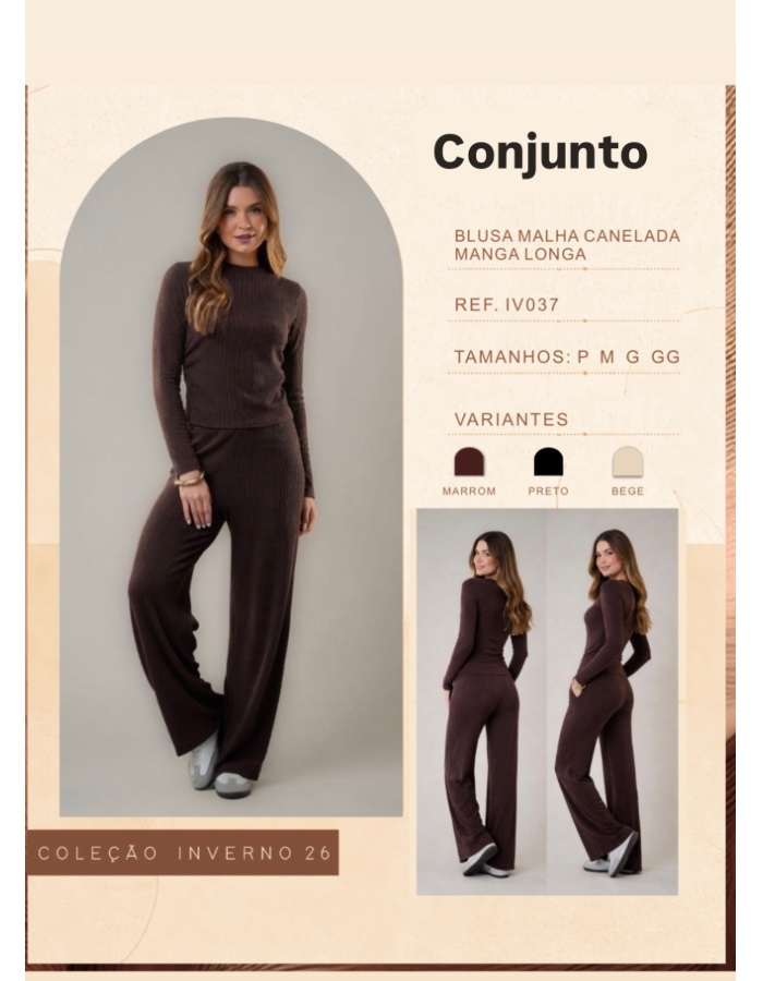 Conjunto de malha canelada com blusa manga longa