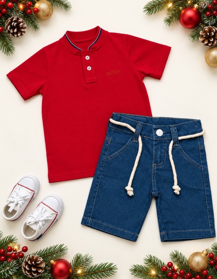 Conjunto gola padre e bermuda jeans BOSS