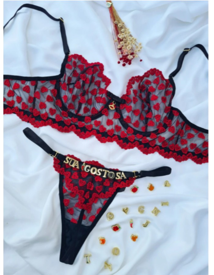 CONJUNTO CORAÇÕES SEM BOJO PRETO/VERMELHO PERSONALIZÁVEL