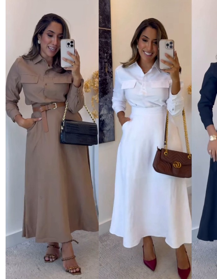 CONJUNTO TECIDO MARRANT PREMIUM SAIA MIDI E CAMISA BOTÃO