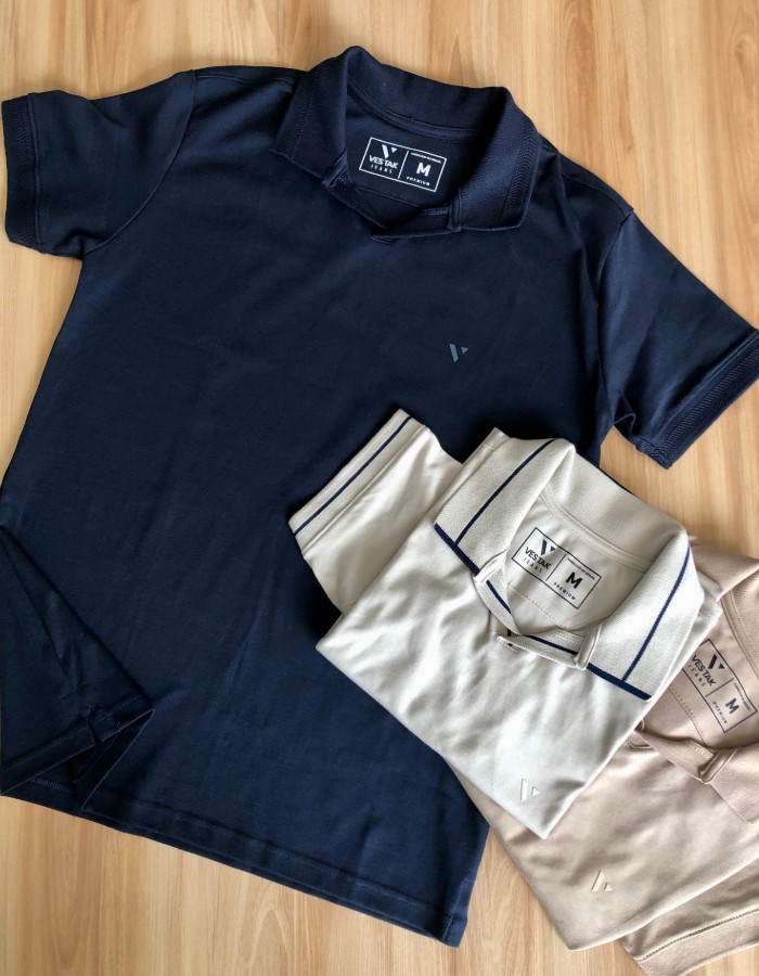 CAMISA POLO PEITILHO EM V SUEDINE AZUL ESPECIAL