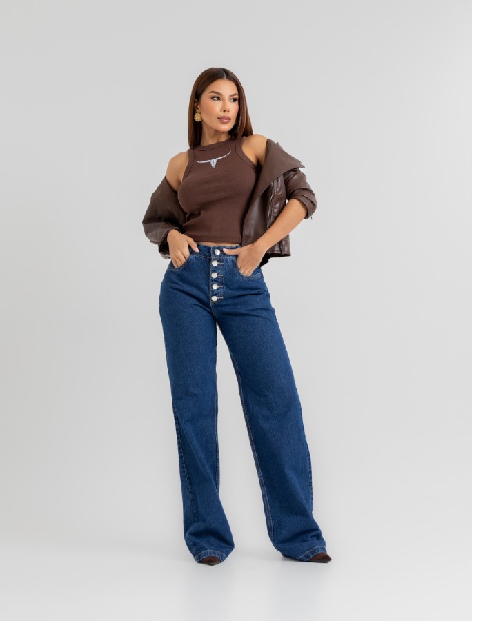 CALÇA WIDE LEG BOTÕES 100% ALG.