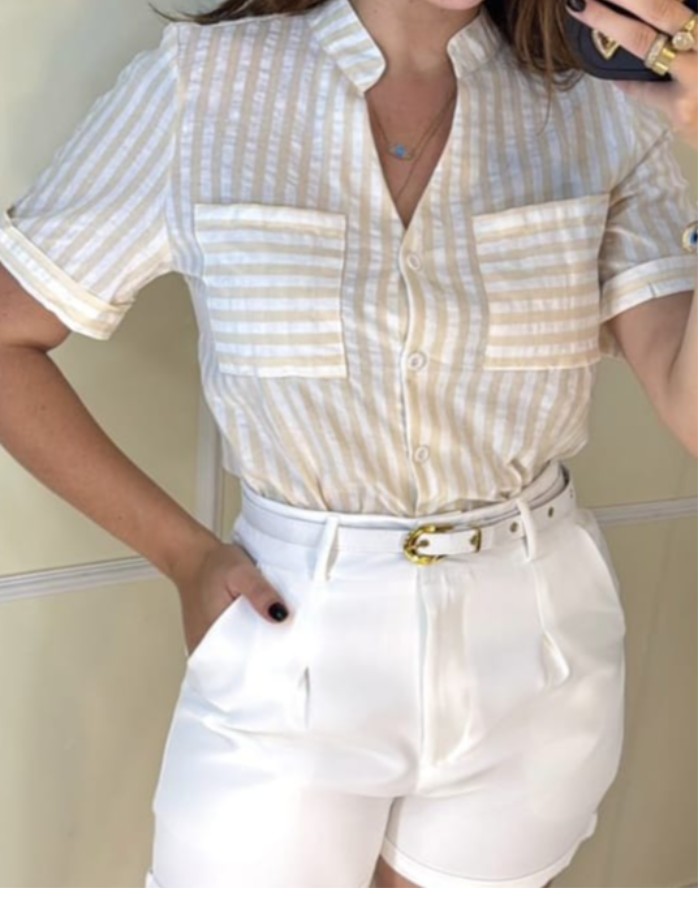 BLUSA TECIDO LINHO LISTRADA LARGA C/BOLSO