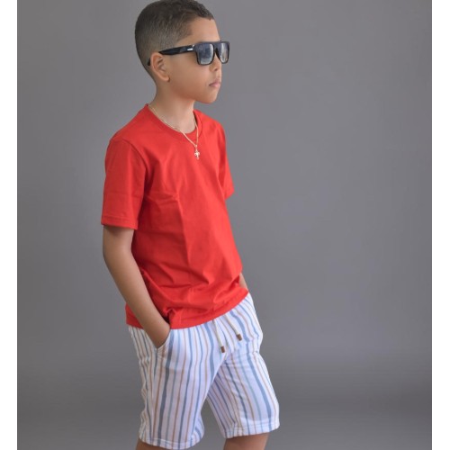 Conjunto bermuda listra fina com bermuda vermelha 