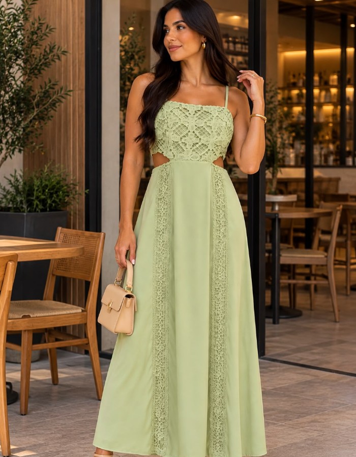 VESTIDO LONGO COM DETALHE EM CROCHE