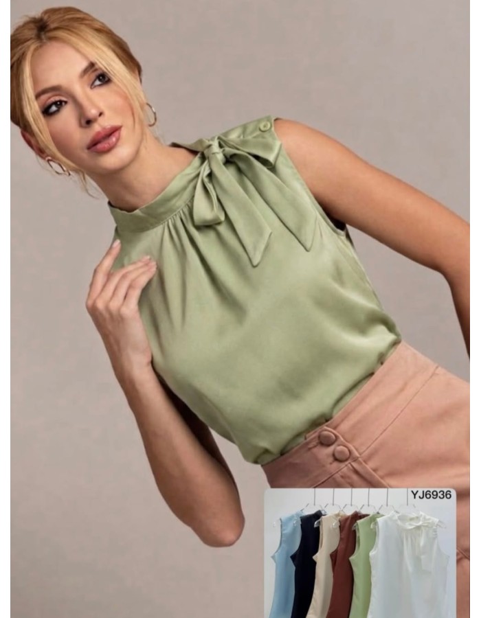 Blusa Regata Gola Alta c/Laço Lateral Crepe seda