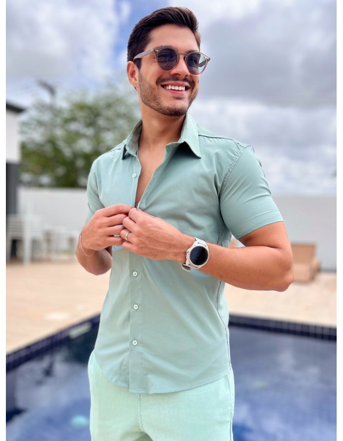 Camisa manga curta Tricoline com elastano