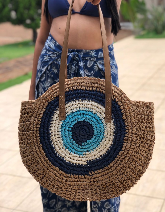 Bolsa Redonda de Palha com Detalhe