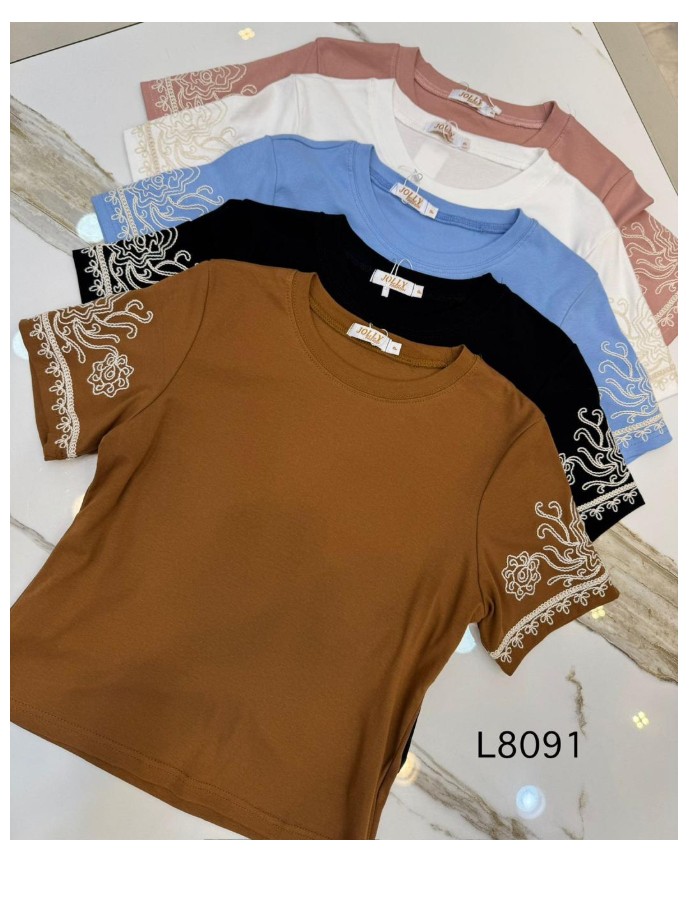 T-shirt Algodão C/Elastano Bordada Na Manga