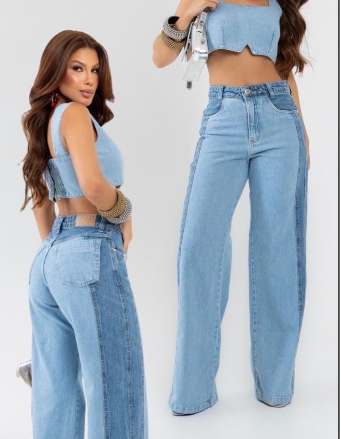 CALÇA WIDE LEG BICOLOR JEANS PREMIUM