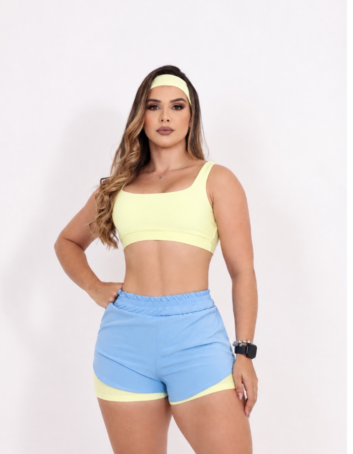 Conjunto top, short duplo com tactel e faixa (SEM LOGO)