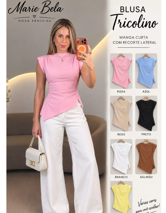 BLUSA TRICOLINE COM ELASTANO RECORTE LATERAL