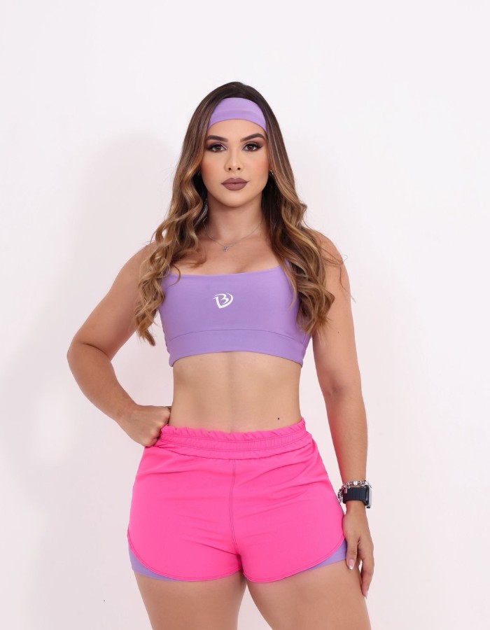 Conjunto top, short duplo com tactel e faixa 