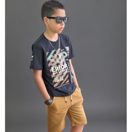 Conjunto camisa preta superior+ bermuda caramelo 