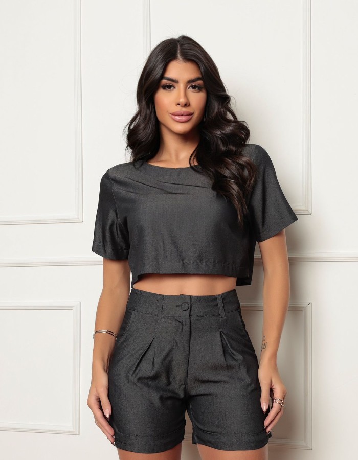 CONJUNTO DE CROPPED E SHORT TECIDO ALGODÃO E POLIESTE 