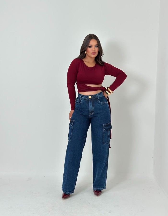 CALÇA WIDE LEG CARGO FEMININA MARMORIZADA