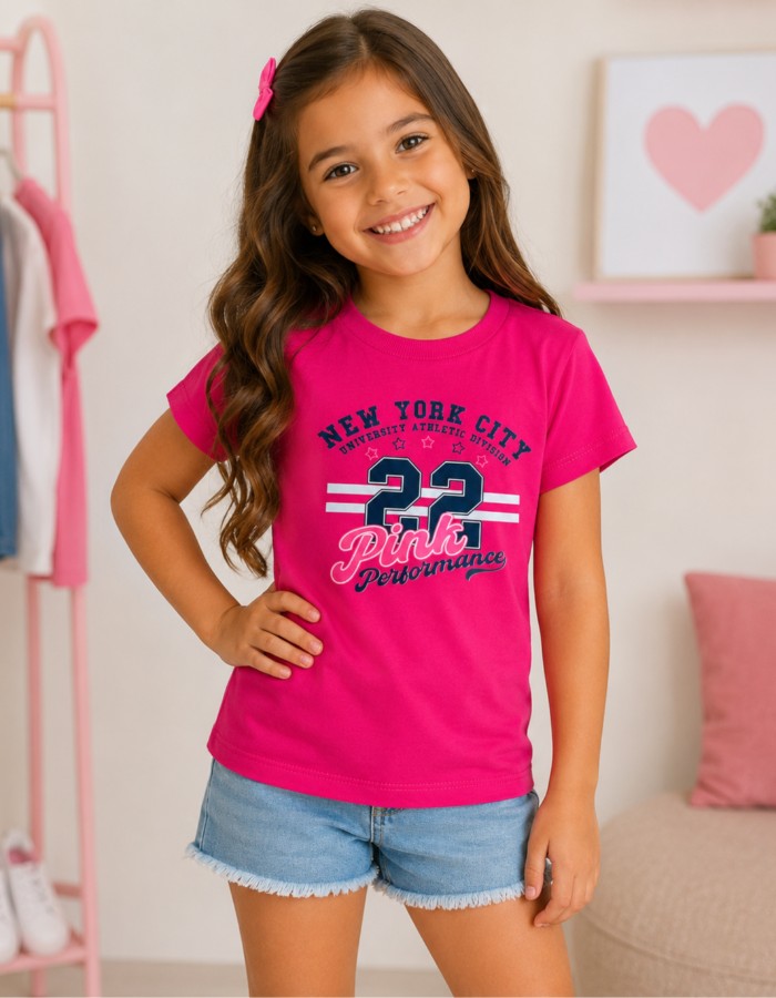 T-SHIRT ESTAMPADA FEMININA EM MALHA PENTEADA