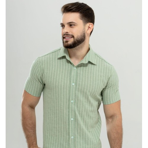 Camisa algodão listra bordada gola tradicional 