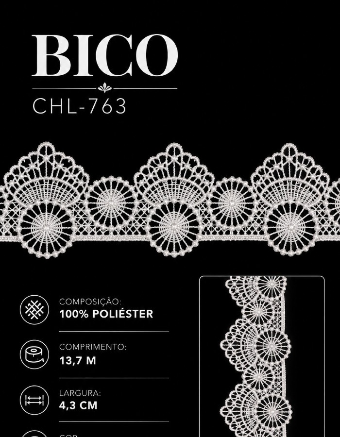 BICO BORDADO BRANCO 4,3CMX13.7M - UNIDADE