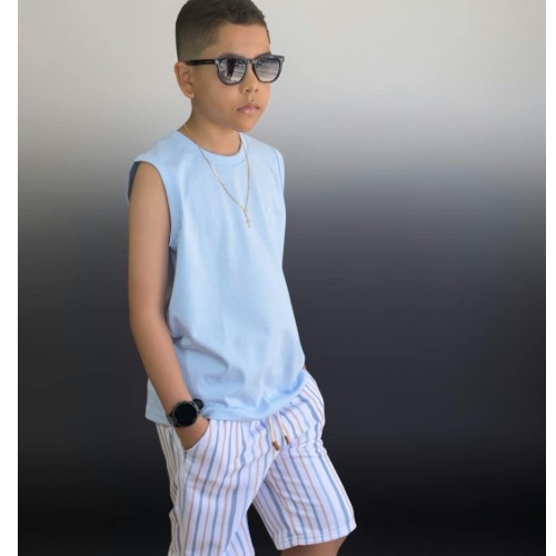 Regata azul BB com bermuda listra fina